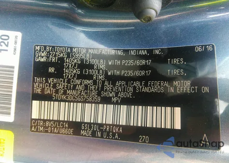 2016 Toyota Sienna Xle Premium 8 Passenger из США, поврежденный, VIN 5TDYK3DC5GS758359